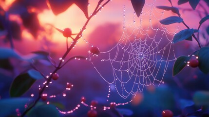 Dewdrops glistening on an intricate spider web at dawn capturing the beauty of nature s delicate designs
