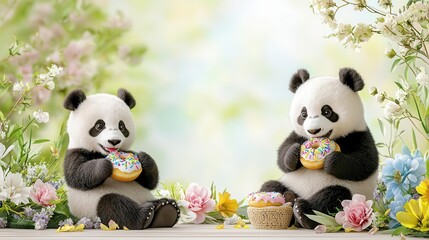 Two playful pandas enjoying colorful donuts amidst blooming flowers.