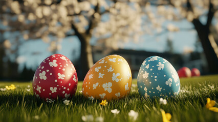 Brightly colored eggs rest on lush grass under flowering cherry trees