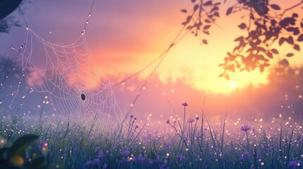 Intricate spider web adorned with droplets of dew in a foggy meadow at sunrise capturing the beauty of nature s artistry