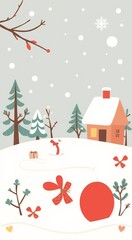 Cute winter landscape with a house, trees, and a snowman.