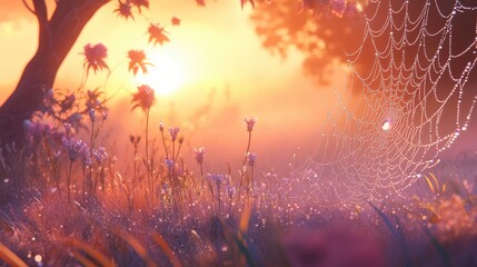 Intricate spider web adorned with droplets of dew in a foggy meadow at sunrise capturing the beauty of nature s artistry