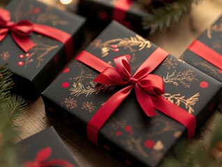 Wall Mural - Capture the spirit of the season with a closeup of a christmas card and gift boxes tied with red ribbons