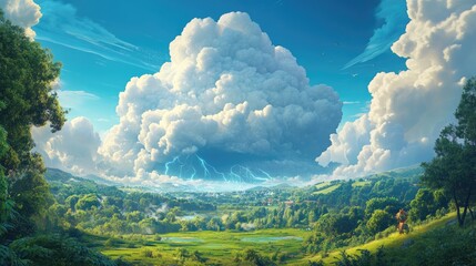 Wall Mural - Majestic summer thunderstorm clouds looming over a lush green forest capturing the power of nature