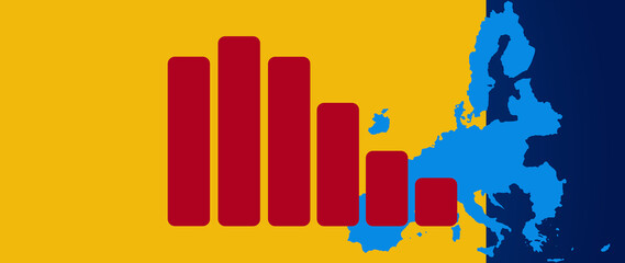 Canvas Print - Map of European Union in light blue and bar chart which is falling steeply, declining and losses and weak economy or low falling gross domestic product, silhouette symbol on yellow blue background, EU