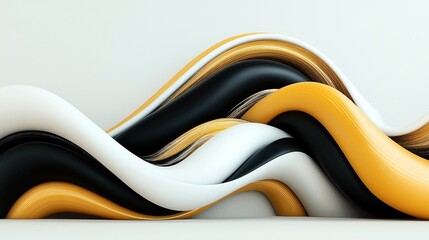 Abstract wavy design with curved lines in white, black, and gold colors creating a fluid and dynamic pattern.