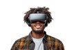 © Ivan Guia - Young afro man smiling using virtual reality headset wearing casual clothes isolated on a clipped PNG transparent background