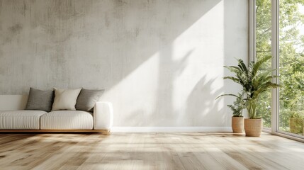 Wall Mural - A serene minimalist living room features a white sofa and sunlight streaming through large windows, evoking calmness, simplicity, and modern elegance.