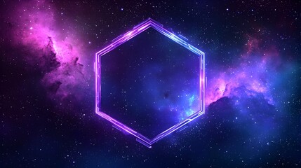 Poster - Glowing Sci Fi Hexagonal Frame with Floating Particles in Deep Space Galaxy Background