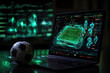© BOONJUNG - Soccer analytics on laptop screen with glowing graphics and ball, betting and online gaming
