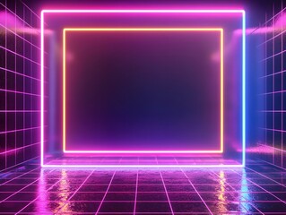 Poster - Glowing Retro 80s Style Neon Frame Against Dark Grid Background Concept