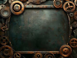 Poster - Steampunk Inspired Metallic Gear Frame with Rustic Industrial Backdrop for Mechanical Designs