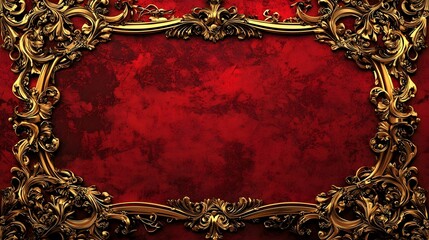 Poster - Ornate Golden Baroque Frame on Luxurious Red Velvet Background