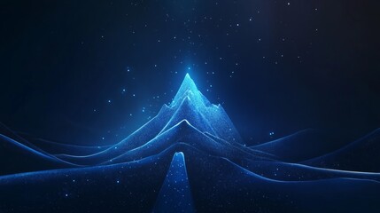 Abstract digital mountain range with glowing peak on a dark blue background.