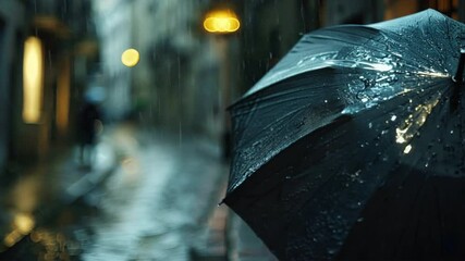 Poster - Urban Night Reflections Black Umbrella on Rainy Street, Droplets Glistening in Dimly Lit Alley