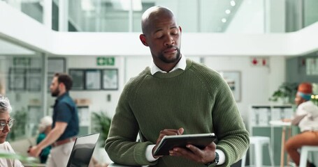 Aufkleber - Black man, tablet and thinking at creative agency and coworking for content creation and post idea. Digital, planning and web search with technology and professional with seo update for business