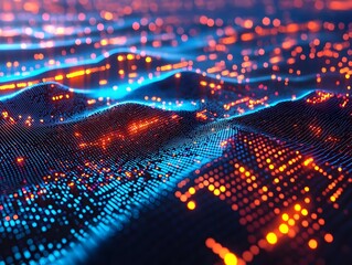 Poster - surreal digital landscape with glowing geometric shapes showcasing intelligence s virtualization pow