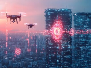 Poster - Futuristic Security System Scanning City for Threats with Patrolling Drones and Glowing Holographic Shields