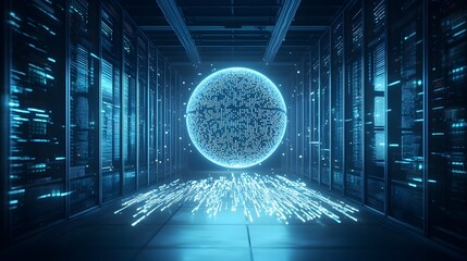 Poster - glowing sphere floating in futuristic data center with streaming binary code