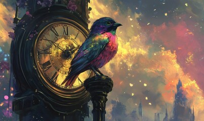 a colorful bird perches on a clock tower.