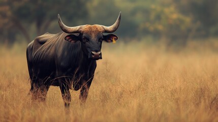 Canvas Print - A Black Bull in a Golden Field