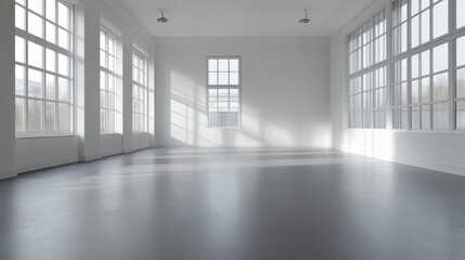 Poster - Empty white room with large windows and sunlight streaming in