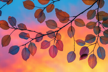 Wall Mural - Colorful autumn leaves against a vibrant sunset sky