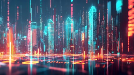 Poster - futuristic financial skyline with floating digital data and charts showcasing growth