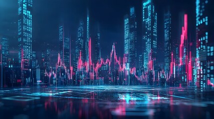 Poster - Futuristic Skyline with Financial Graph Shaped Buildings and Digital Data Visualization