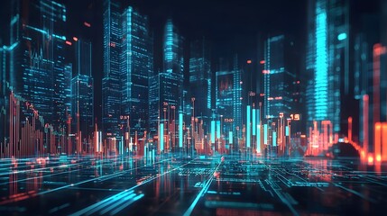 Poster - Futuristic Skyline with Financial Data Visualizations Showing Growth and Prosperity
