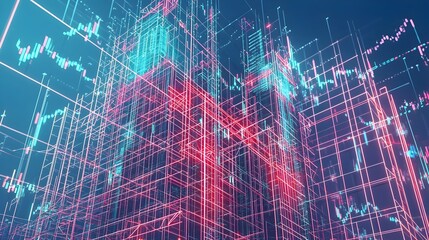 Poster - Glowing Skyscraper of Financial Graphs Symbolizing Wealth and Investment Portfolio Growth