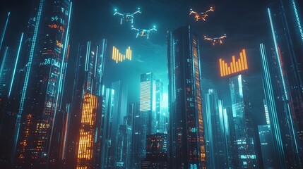 Poster - Futuristic Financial Metropolis with Illuminated Data Driven Skyscrapers and Hovering Drones