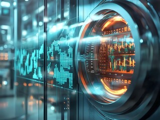 Poster - Futuristic Glass Bank Vault with Glowing Financial Charts Representing Strategic Wealth Growth