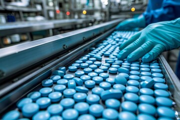 Close up of a pharmaceutical production line with gloved hands