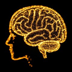 Poster - A glowing, digital representation of a human brain in profile.