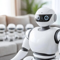 Poster - A group of white humanoid robots standing in a living room.