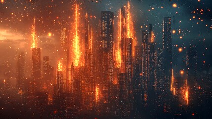 Poster - Futuristic City Skyline Engulfed in Neon Flames with Glowing Digital Embers Symbolizing Technology and Fire Fusion