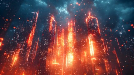 Sticker - Mesmerizing Futuristic City Skyline Engulfed in Neon Flames and Glowing Digital Embers Symbolizing Technology and Fire Fusion