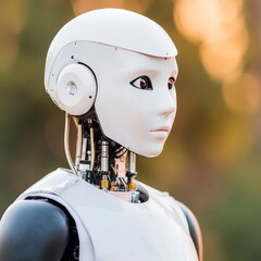 Poster - Close-up of a humanoid robot's face, with a blurred background.