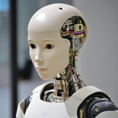 Poster - Close-up of a humanoid robot's head, showing exposed internal mechanisms and circuitry.