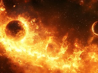 Wall Mural - cosmic explosion of fiery planets and stars in the vastness of space symbolizing destruction and reb