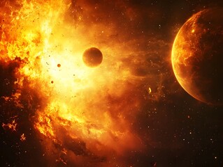 Wall Mural - cosmic explosion of fiery planets and stars illuminating the vastness of space symbolizing destructi