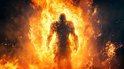 Poster - Warrior Engulfed in Fiery Whirlwind Armor Glowing with Intense Heat Apocalyptic Concept