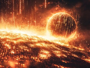 Poster - Fiery Digital Explosion Transforming into Scattering Binary Code in Futuristic Landscape