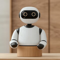 Poster - White robot with black eyes and arms on wooden table.