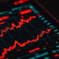 Poster - Close-up of a financial graph with red line representing stock market fluctuations on a digital screen.
