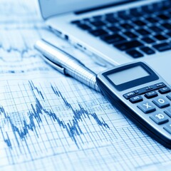 Poster - Close-up of a calculator, pen, and financial chart with a laptop in the background.