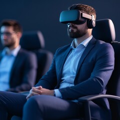 Aufkleber - a businessman in a suit wearing virtual reality headset while sitting in a chair.