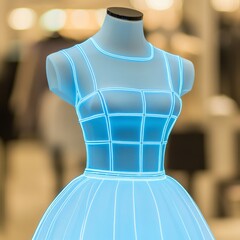 Poster - A glowing, blue dress form on a mannequin.