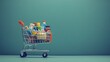 © Anton - Shopping cart full of groceries on turquoise background